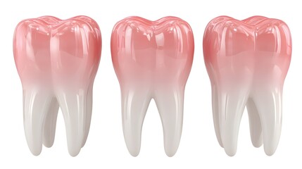 Three highly detailed, glossy teeth are presented against a clean, white background, exhibiting a realistic and appealing design.
