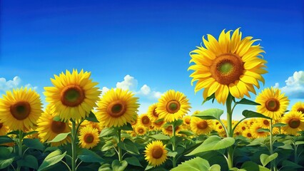 Fototapeta premium Field of bright yellow sunflowers standing tall against a serene blue sky on a sunny day
