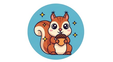 Naklejka premium Cute cartoon squirrel with big eyes holds acorn, surrounded by sparkle stars in a blue circle