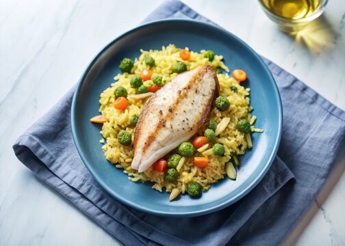 Pan-seared smoked basa fillet on a bed of aromatic curried rice and steamed mixed vegetables