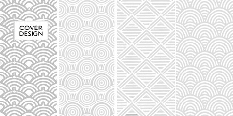 Collection of four seamless geometric patterns in light gray and white with a cover design element © Ripan