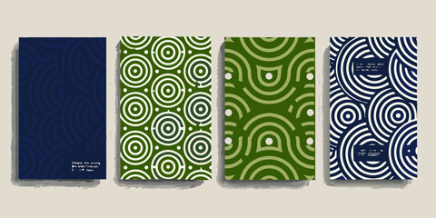 Four abstract geometric patterns on book covers with a modern minimalist design and subtle shadows