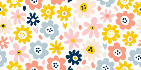 Cute hand drawn floral pattern with pastel colors and simple flower shapes