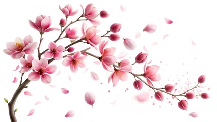 Naklejka premium Delicate pink petals of cherry blossom branch softly falling on a white background