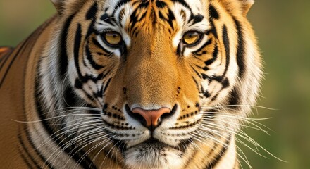 Fototapeta premium Frontal close-up of a majestic tiger's head, featuring vivid orange and black stripes, intense golden eyes, and a pink nose