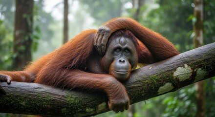 A relaxed, reddish-brown orangutan with contemplative eyes rests on a mossy tree branch in a dense tropical rainforest