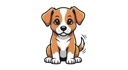 A cute cartoon puppy with big, dark eyes and brown and white fur sits facing forward, tail slightly wagging
