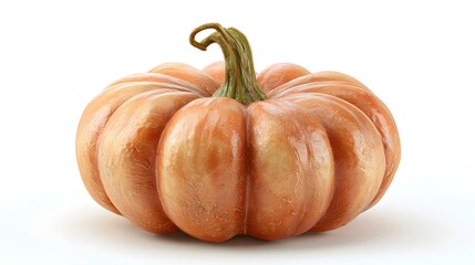 Detailed  shot showcases a fresh, vibrant orange pumpkin, exhibiting a detailed texture with prominent ridges. The prominent stem curves elegantly against a clean white background.