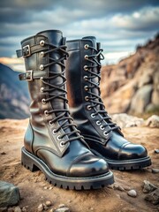 Black vegan leather combat boots with silver buckles and laces on a rugged terrain
