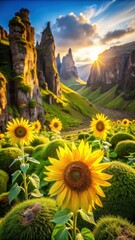 Vibrant sunflowers stand tall amidst lush green moss and ancient rocky formations