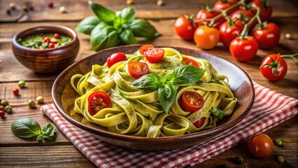 Fettuccine spaghetti pasta with fresh pesto sauce and juicy tomatoes on a rustic wooden table in a cozy Italian kitchen atmosphere