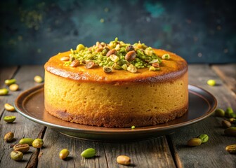 Revani sponge cake with syrup and pistachios on top