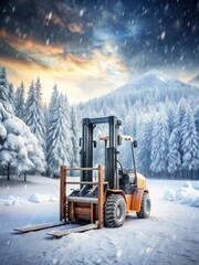 Snowy forklift lifted snow with large wheel on cold winter road