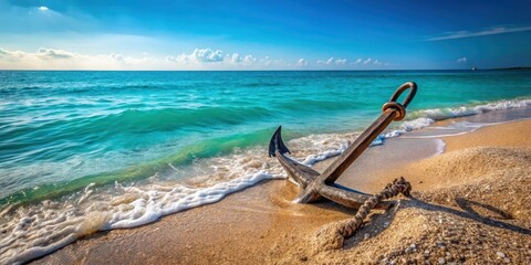 weathered wooden anchor partially submerged in the rough turquoise sea shore with silvery sand and pebbles scattered around it