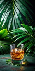 Japanese whiskey single malt in rocks glass with tropical leaves on dark green background