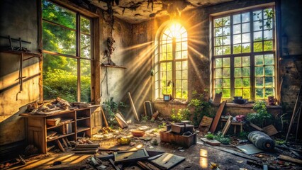 Dappled sunlight filters through a grimy windowpane into a cluttered room filled with discarded objects and shattered remnants of broken dreams