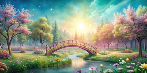 A pastel-colored landscape with a whimsical bridge surrounded by trees and flowers