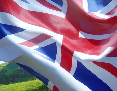 Rippling Union Jack flag over a grassy hill