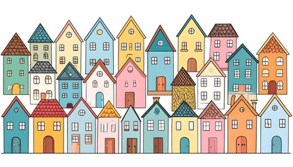 Colorful hand-drawn houses illustration in a row for neighborhood concepts