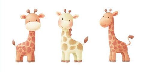 Naklejka premium A charming illustration featuring three cartoon giraffes against a plain backdrop.