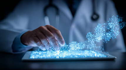 A clinician hand interacting with a tablet that projects a medical data network, illustrating digital health records telemedicine diagnostics and artificial intelligence support for clinical decision 