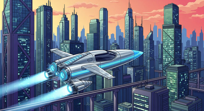A futuristic cityscape with a spaceship flying above the skyscrapers, showcasing a vibrant and technologically advanced urban environment - Powered by Adobe