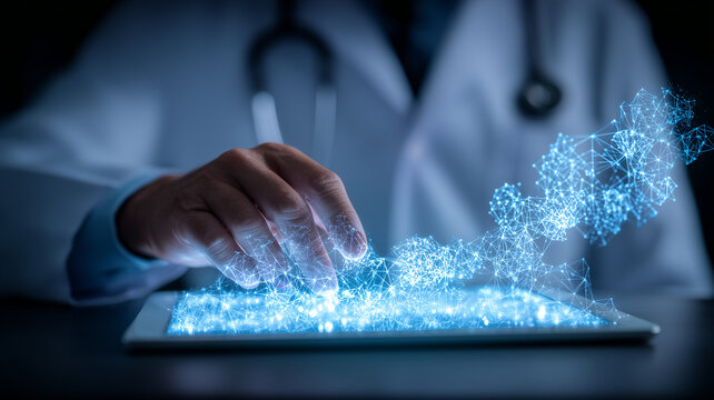 A clinician hand interacting with a tablet that projects a medical data network, illustrating digital health records telemedicine diagnostics and artificial intelligence support for clinical decision 
