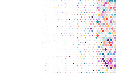Vibrant hexagon halftone pattern with colorful gradient dots fading across white background, perfect for digital design, modern texture, and decoration.