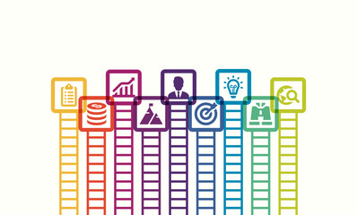 Obraz premium Colorful ladders infographic with business icons for idea, planning, research, growth, target, leadership, finance, and management representing success strategy.