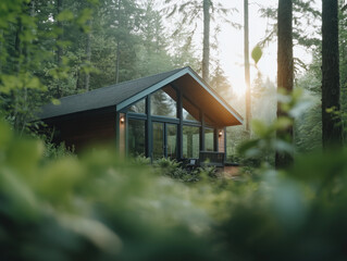 Serene cabin nestled in lush forest, constructed from sustainable materials, surrounded by tall trees and soft sunlight filtering through leaves, creating peaceful atmosphere