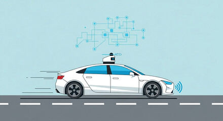 A white selfdriving car with sensors and lidar on the roof drives on the road with a blue background and a network of connected devices
