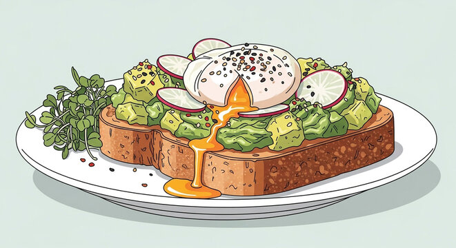 Delicious avocado toast with poached egg and radish slices on a white plate, a trendy and healthy breakfast or brunch option
