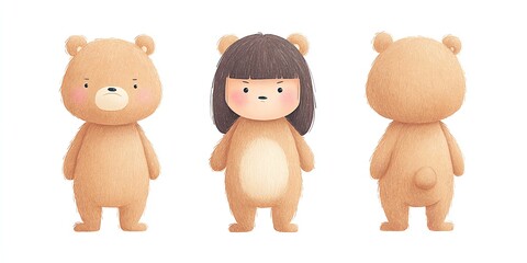 Three cartoon bears stand side by side, showcasing different views. Front, side, back.
