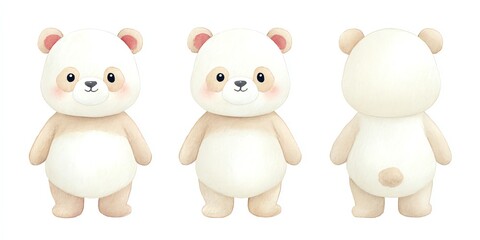 Fototapeta premium Triple the Cuteness A charming, soft panda plush toy presented in multiple views.
