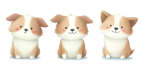 Three adorable puppies sit in a row, each with a unique pose and a happy expression.