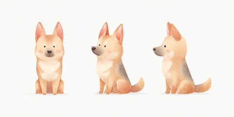 Three cartoon dogs sit attentively, showcasing different angles on a clean backdrop.