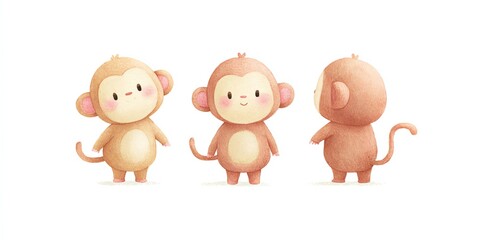 Obraz premium Three adorable cartoon monkeys stand playfully in a simple, white background scene.