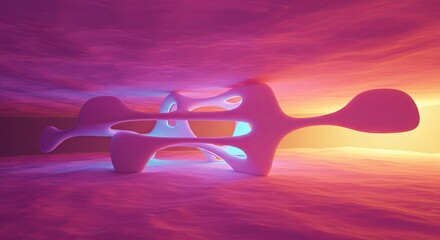 Abstract futuristic structure with smooth curves and vibrant colors. The scene features a gradient background of purple and orange hues.