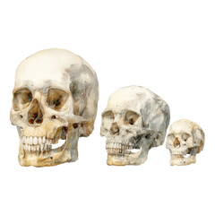 Obraz premium Three human skulls of varying sizes isolated on a transparent background