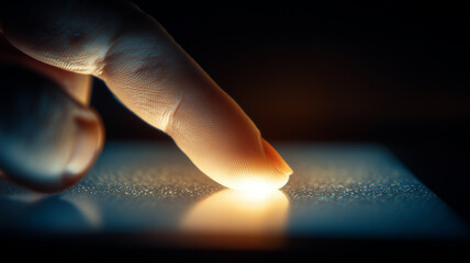 Macro fingertip pressing a touchscreen to symbolize authentication approval and the personal act of initiating a digital action.
