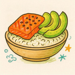 サーモンとアボカドをご飯の上に盛り付けたライスボウルの手描き風イラスト。彩り豊かな丼料理を描いたベクター素材。健康食やカフェメニュー、デザイン素材に最適