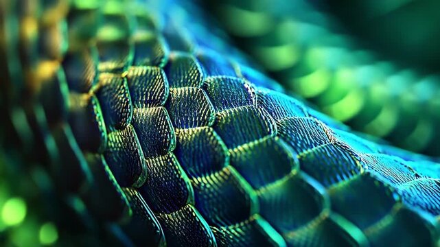 Close-up of iridescent snake scales in blue and green hues, textured surface.