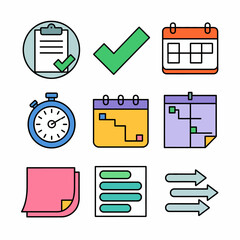 Set of nine flat design icons for planning and time management Keywords: planning, time management, checklist, checkmark, calendar, schedule, stopwatch, timer, timeline, project management, sticky