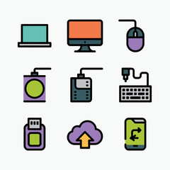 Set of nine flat design icons for technology and digital services computer hardware