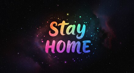 A colorful and glowing 'Stay Home' message on a dark cosmic background, serving as a motivational slogan for safety during a pandemic or quarantine.