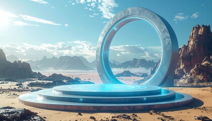 Futuristic glowing portal in a vast desert