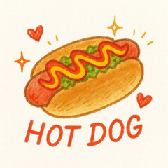 ホットドッグと英語の文字「HOT DOG」を描いた手描き風のイラスト。パン、ソーセージ、ケチャップ、マスタードが彩るポップなベクター素材。カフェメニューやフードデザインに最適