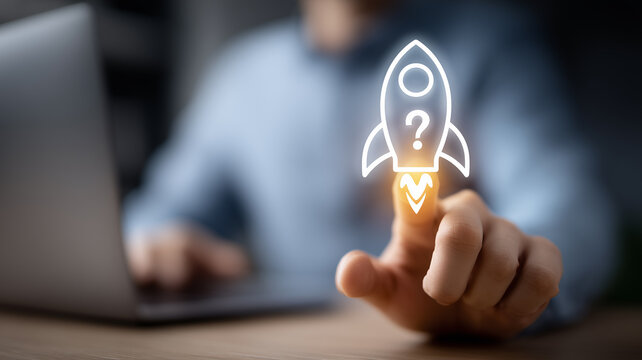 Finger launching a rocket icon conveys startup initiation innovation and rapid product acceleration from idea to market while signaling momentum and ambition.
