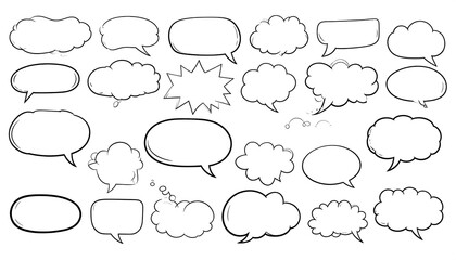 Collection of various hand-drawn speech bubbles and thought clouds for design