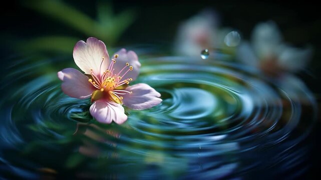 A single delicate cherry blossom floats gently upon the tranquil surface of the water, creating expanding ripples.  The scene captures the ephemeral beauty of nature.